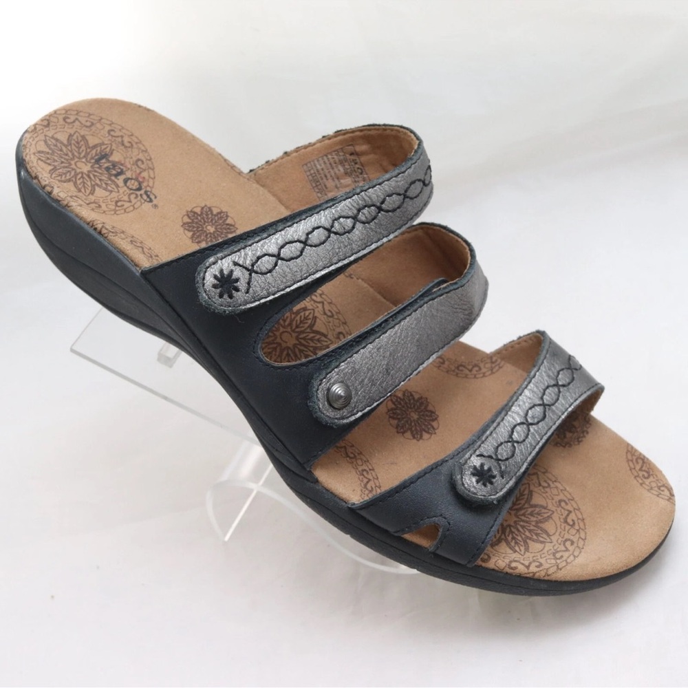 Taos Tour Women's Metallic Pewter Leather Hook and Loop Slip-On Sandals -- 11 - Picture 2 of 10